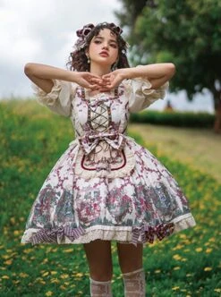 Printed Little Red Riding Hood Series Elegant Square Neck Bubble Lantern Sleeve Detachable Lace Embroidery Apron Classic Lolita Short-Sleeved Dress -NAUS Lolita Shop 9 500x672 133