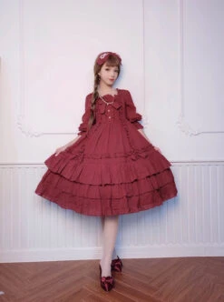 Bowknot High Waist Pure Color Classic Lolita Half Sleeve Dress -NAUS Lolita Shop 9 500x672 14