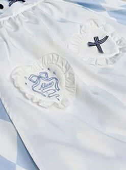 Square Neck Striped Bow Puff Sleeves Check Print Heart Embellished Bib Classic Lolita Short Sleeve Dress -NAUS Lolita Shop 9 500x672 146