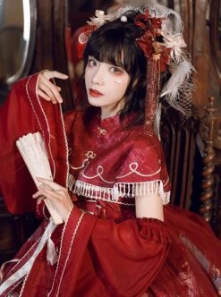 Chinoiserie Vintage Gorgeous Print Bow Lace Fringe Fake Collar Detachable Design Classic Lolita Sleeveless Dress -NAUS Lolita Shop 9 500x672 159