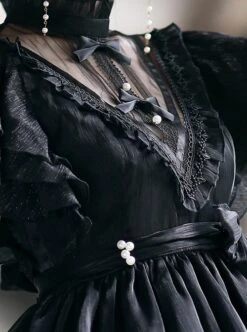 Dawn Banquet Series Elegant Temperament Fairy Three Stages Big Ruffle V Collar Hollow Out Lace Bowknots Classic Lolita Short Sleeves Dress -NAUS Lolita Shop 9 500x672 161