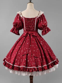 Classic Lolita Retro Solid Color Star Shape Embellishment Design Pleated Neckline Bow Knot Decoration Short Sleeve Dress -NAUS Lolita Shop 9 500x672 167