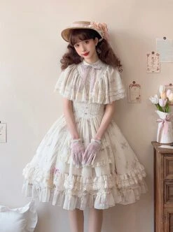 Elegant Gorgeous Lace Collar Purple Bellflower Print Chiffon Ruffle Hem Classic Lolita Short Sleeve Dress Set -NAUS Lolita Shop 9 500x672 178