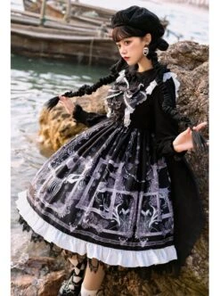 Lost Dreams Series JSK Bowknot Retro Printing Darkness Gothic Lolita Sling Dress -NAUS Lolita Shop 9 500x672 212