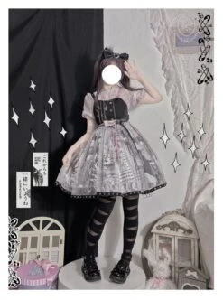 Little Tengu Series JSK Black Printing Tulle Hem Black Cute Punk Street Gothic Lolita Sling Dress