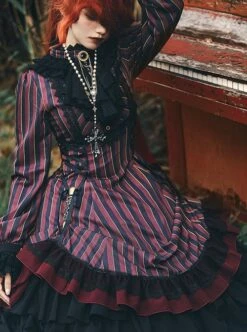 Gothic Style Elegant Retro Stand Collar Stripe Contrasting Color Slim Fit Gothic Lolita Long Sleeve Dress -NAUS Lolita Shop 9 500x672 228