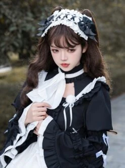 Contract Phantom Night Stone Series Gothic Girl Court Style Black White Detachable Sleeves Gothic Lolita Short-Sleeved Dress -NAUS Lolita Shop 9 500x672 240