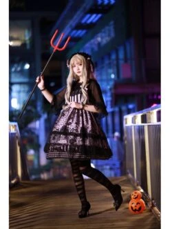 Striped Witch Cat Print Detachable Black Star Lace Net Yarn Halloween Gothic Lolita Sleeveless Dress -NAUS Lolita Shop 9 500x672 241