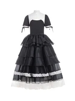 Undead Prayer Series Nun Style Black-White Cross Embroidered Fishtail Skirt Lace Cover Skirt Gothic Lolita Short-Sleeved Dress -NAUS Lolita Shop 9 500x672 243