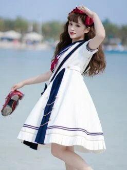 Navy Style Stripe Navy Collar Bow-Knot Detachable School Lolita Short Sleeve Dress -NAUS Lolita Shop 9 500x672 255