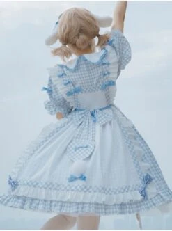 Alice Bunny Series OP Blue Plaid Doll Sleeve Bowknot Sweet Lolita Short Sleeve Dress -NAUS Lolita Shop 9 500x672 352