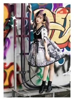 Little Tengu Series OP Doll Collar Printing Black Cute Gothic Lolita Short Sleeve Dress -NAUS Lolita Shop 9 500x672 39