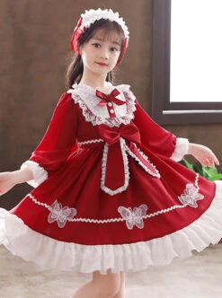 White Lace Pure Color Big Bowknot Children Sweet Lolita Kids Long Sleeve Dress -NAUS Lolita Shop 9 500x672 393