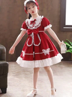 Pure Color Big Bowknot White Lace Children Sweet Lolita Kids Short Sleeve Dress -NAUS Lolita Shop 9 500x672 395
