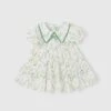 Classic Lolita Floral Flower Print Folds Decoration Square Lapel Bow Design Green Kid Short Sleeve Dress