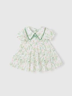Classic Lolita Floral Flower Print Folds Decoration Square Lapel Bow Design Green Kid Short Sleeve Dress