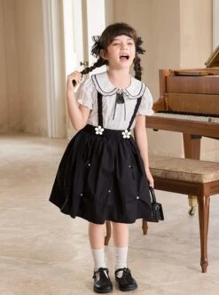 Campus Style Cotton Pleated Ruffled Doll Neckline Black Strap Pearl Decoration Children Lolita Kids Cute Dress Set -NAUS Lolita Shop 9 500x672 417