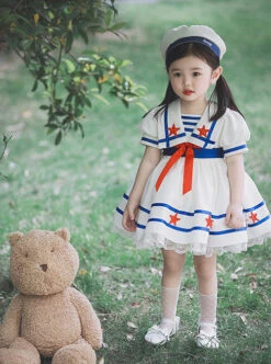 Small Navy Series Large Square Neckline Red Pentagram Decoration Bow Knot Children Lolita Kids White Short Sleeve Dress -NAUS Lolita Shop 9 500x672 428
