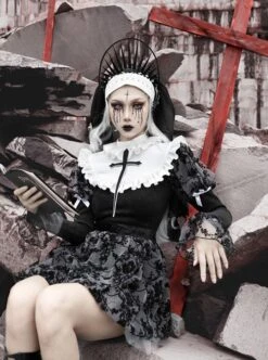 Halloween Gothic Turtleneck Lace Design Velvet Jacquard Large Crucifix Decorative Pumpkin Skirt Hem Long Sleeve Dress -NAUS Lolita Shop 9 500x672 447