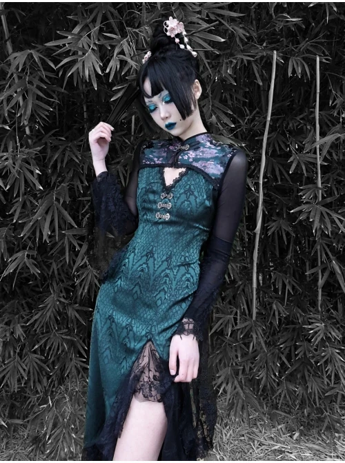 Lust Snake Series Improved Cheongsam Stand Collar Green Duckweed Jacquard Black Lace Gothic Split Dress 8 Lust Snake Series Improved Cheongsam Stand Collar Green Duckweed Jacquard Black Lace Gothic Split Dress - Image 8
