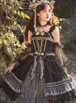 Starry Night Series Organza Palace-Style Jacquard Lace Trim Beaded Decoration Black Sleeveless Classic Lolita Dress Set -NAUS Lolita Shop 9 500x672 65