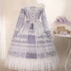 Delicate Ornate Pleated Embroidered Lace Layered Hem Cross Straps Bow Knot Classic Lolita Long Sleeve Dress