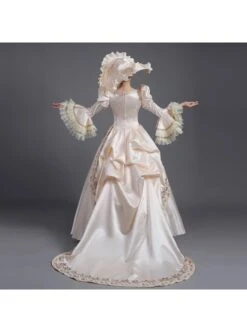 Champagne Square Collar Long Sleeve Lace Bow Shirring Hem Court Prom Lolita Dress -NAUS Lolita Shop 9 500x672 72