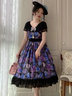 Elegant Floral Print Decoration Jacquard Lace Neckline Bow Pearl Classic Lolita Dress -NAUS Lolita Shop 9 500x672 94
